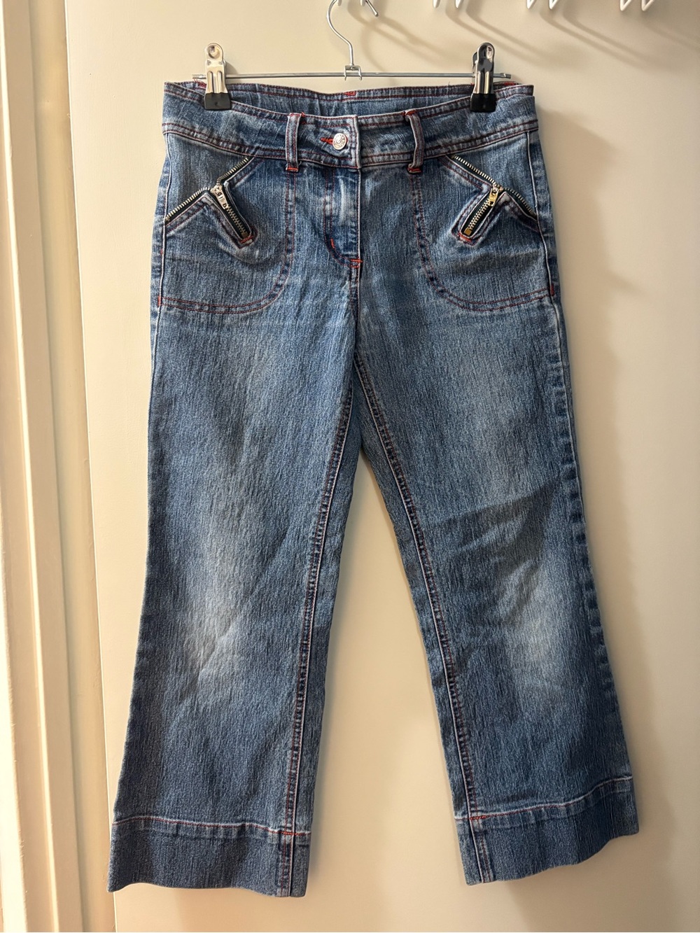 Womens Blue red trim Denim capris